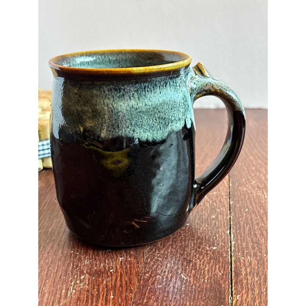 Tom Turner Turner Lane Studio Pottery Mug Brown Teal Drip Glaze Stoneware‎ 4in